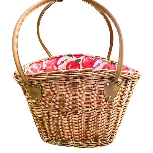 Handbags - Vintage Cane Woven Basket with thick sturdy vinyl lining vividly colored apples